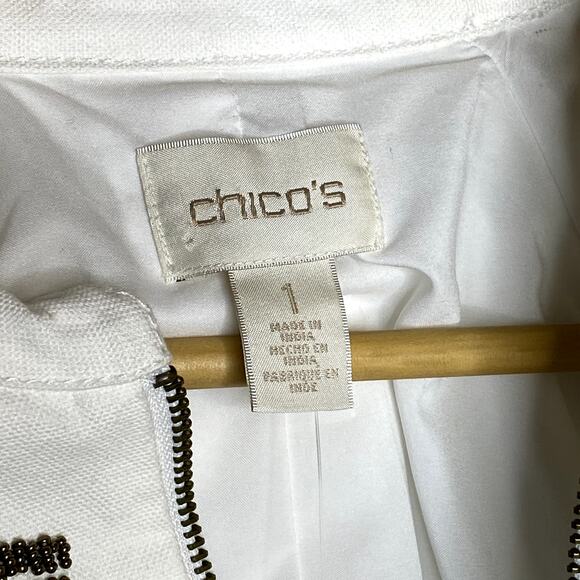 Chicos White Denim Embellished Bomber Jacket Aztec Southwestern NWT - Picture 4 of 10